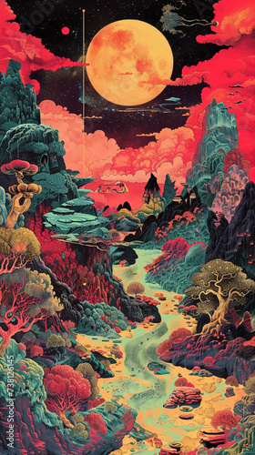 Fantasy worlds mythical creatures and landscapes in bold pop colors