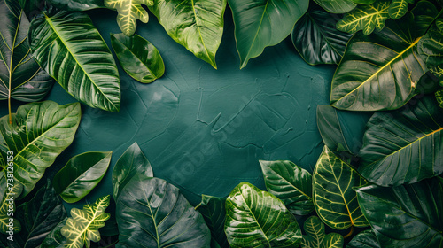 Philodendron tropical leaves frame in a dark background copy space for text photo