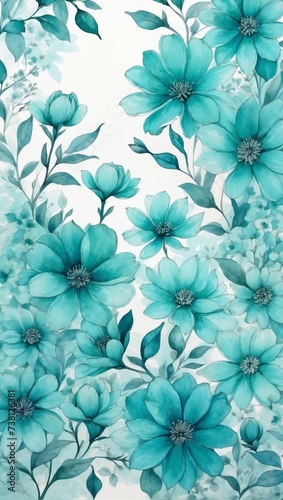 Teal blue floral backdrop. Watercolor intricate blossoms.