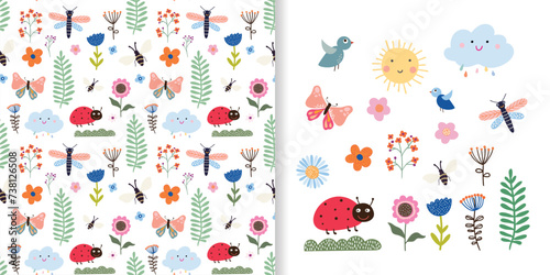 Childish spring and summer set with seamless pattern and cute elements isolated on white, decorative wallpaper, kids ornamental backgrounds photo