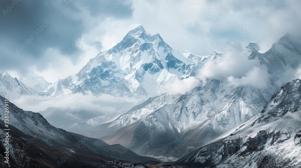 Obraz premium landscape of mountain peaks blanketed with pristine snow under a clear blue sky.