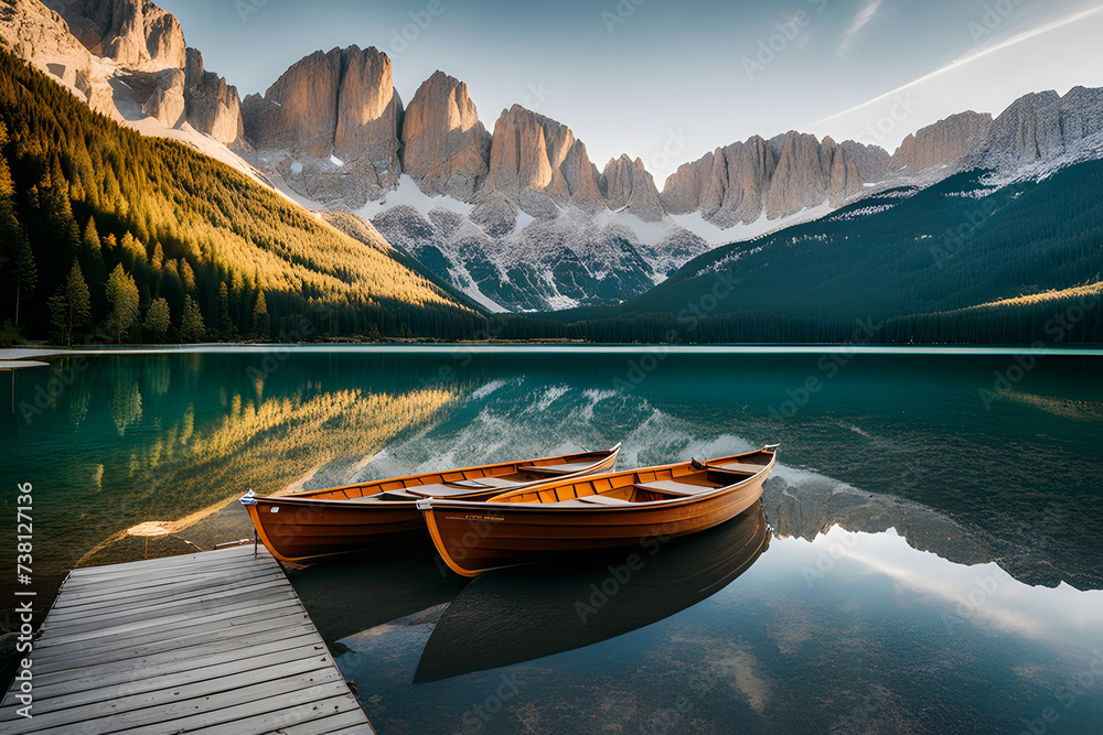 boat on the lake, two wooden boats docked near a mountain lake in the dolomites, Generative AI 