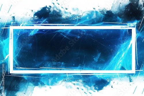 Radiant Neon Glow: Horizontal Neon Blue Grunge with Scratch Effect and White Border, Isolated on White background border frame