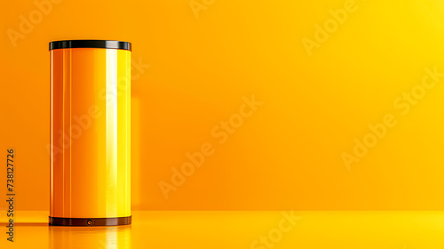 Amber cylinder rests on yellow rectangle, contrasted by electric tints