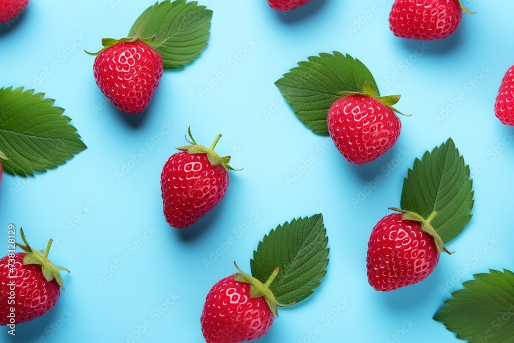 tasty ripe red strawberries with leaves on a light blue background top view tasty ripe red strawberries with leaves on a light blue background top view