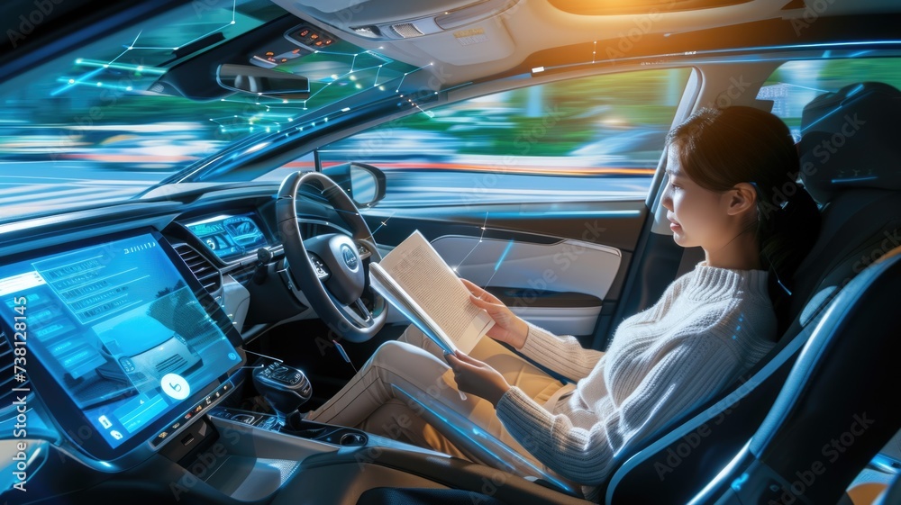 Relaxed passenger Reading and Enjoying Autonomous Car Ride in City Relaxed passenger Reading and Enjoying Autonomous Car Ride in City