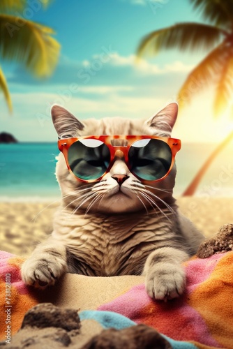 Cat on the beach. Cats relaxing on the beach enjoying summer © Tombomumet Studio