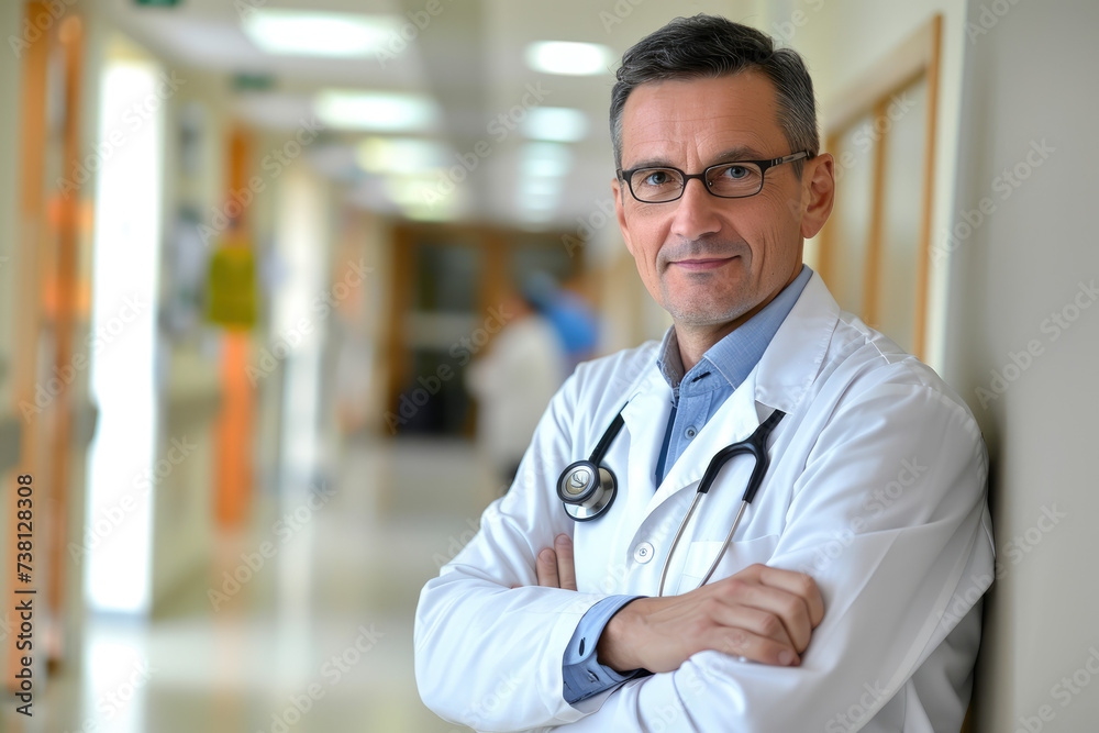 Professional doctor with arms crossed for wellness, trust and service in hospital or clinic. Portrait, person and expert with happiness for career, cardiology or glasses at workplace Professional doctor with arms crossed for wellness, trust and service in hospital or clinic. Portrait, person and expert with happiness for career, cardiology or glasses at workplace