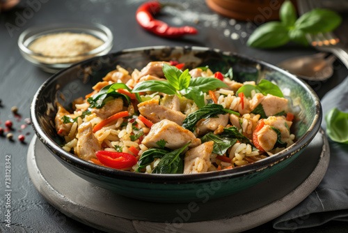 Rice topped with stir fried basil with Chicken​ thai food (Ka Prao Moo)