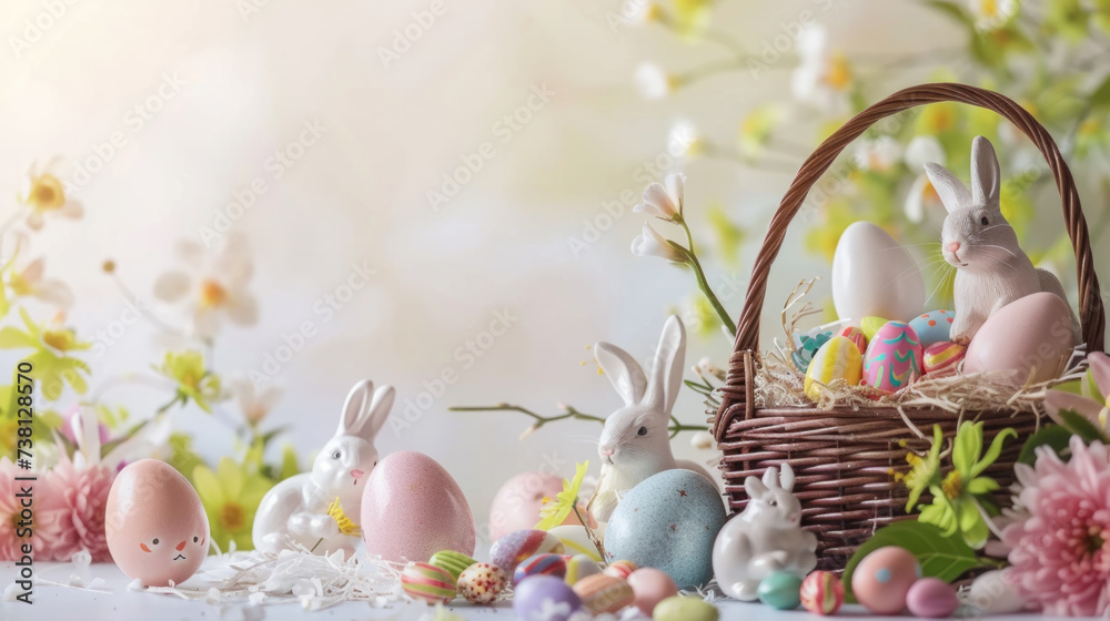 Easter composition with pastel colored Easter eggs and festive decoration on light background Easter composition with pastel colored Easter eggs and festive decoration on light background