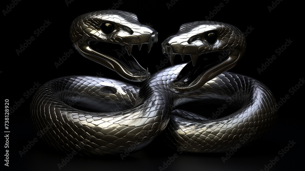 Fototapeta premium a 3d render of a silver render of two cobra's intertwined sticking their tongue outs, on a black background created with Generative AI
