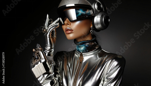A fashion model in a sleek silver spacesuit with a futuristic vibe