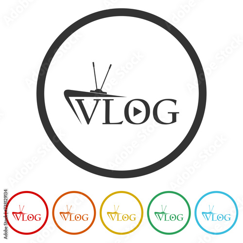 Creative logo for video vlog or channel. Set icons in color circle buttons