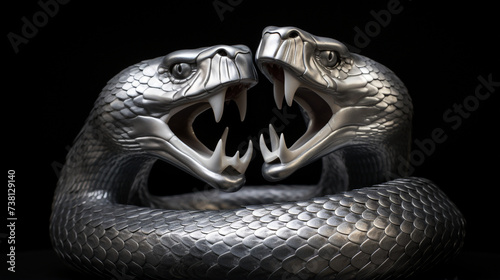 a 3d render of a silver render of two cobra's intertwined sticking their tongue outs, on a black background created with Generative AI