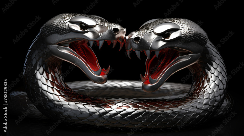 Obraz premium a 3d render of a silver render of two cobra's intertwined sticking their tongue outs, on a black background created with Generative AI