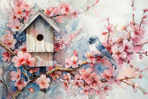 watercolor illustration small white birdhouse and bird on a spring pink cherry blossom branch