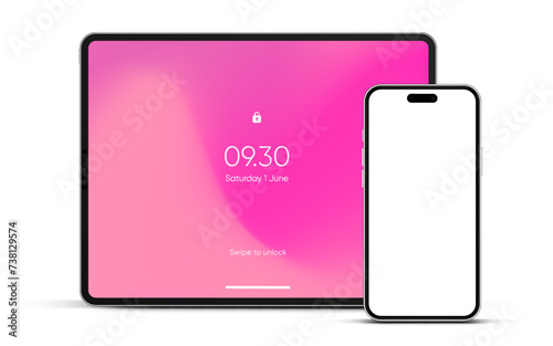 Modern tablet mockup front view and high quality smartphone and tablet mockup isolated on white background. Notebook mockup and phone device mockup for ui ux app and website presentation.Stock Vector.