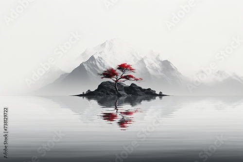 red tree in black and white landscape