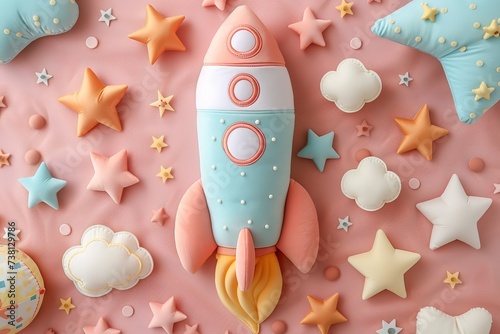 soft plush toy space rocket in pastel colors