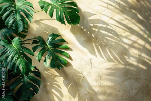 green tropical leaves monstera cast a shadow on the background of the sunlit wall with copy space