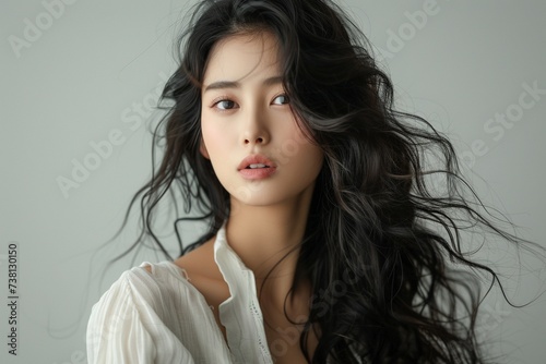 Timeless Grace  Portrait of Asian Beauty with Long Hair on Plain Background