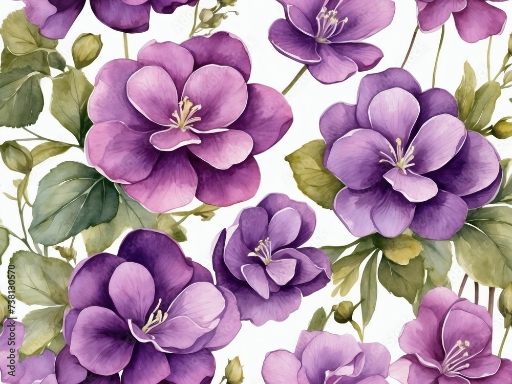 Violet floral texture. Watercolor simple blossoms.