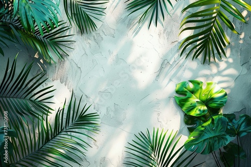 green tropical leaves cast a shadow on the background of the white wall with copy space