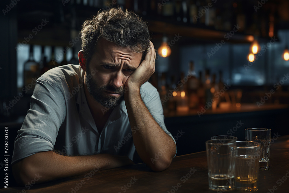 AI generated portrait of depressed tired man sitting at desk with alcoholic drink looking tired and sad