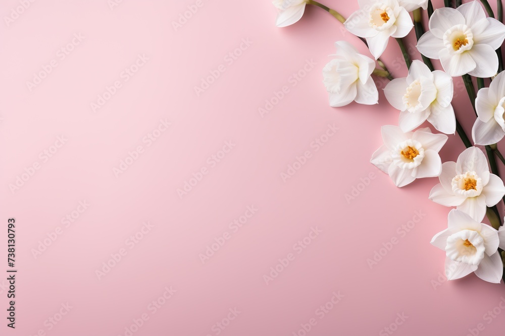 white flowers daffodils frame on pastel pink background top view, beautiful floral template with copy space