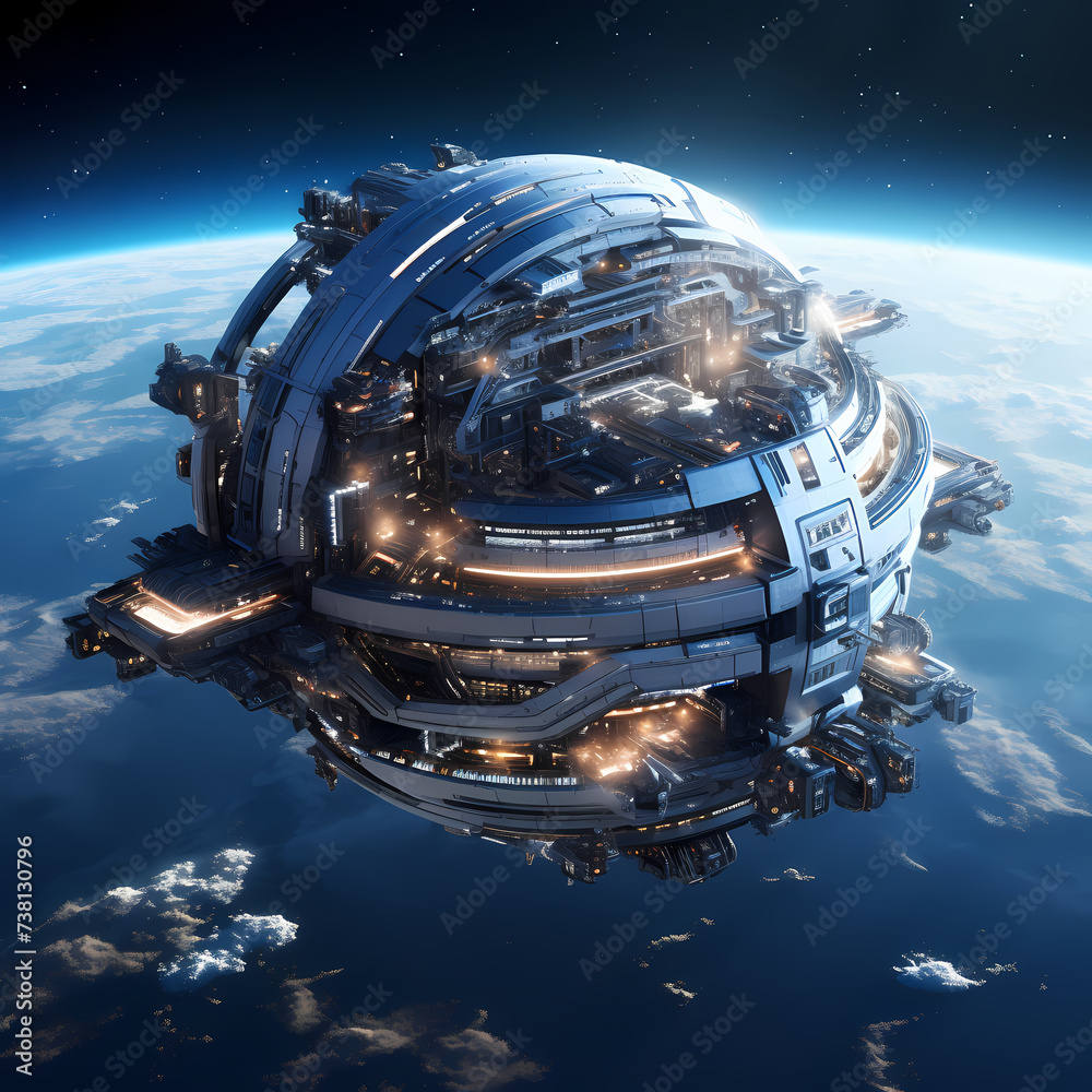 A futuristic space station orbiting a planet.