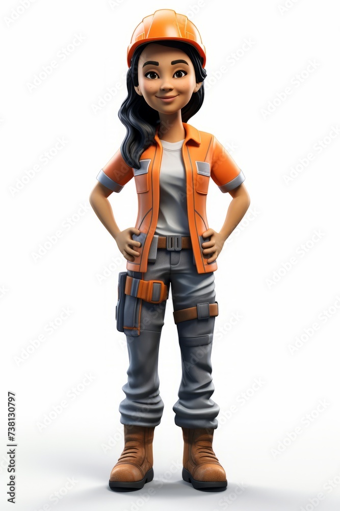 An illustration of a female construction worker wearing a hard hat, reflective vest, and tool belt. An illustration of a female construction worker wearing a hard hat, reflective vest, and tool belt.