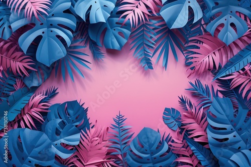 design border frame paper cut blue tropical leaves on pink background
