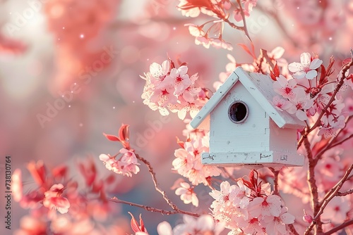 small white birdhouse on a spring pink cherry blossom branch © Маргарита Вайс
