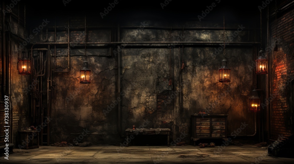 A dark and grungy room with brick walls and pipes