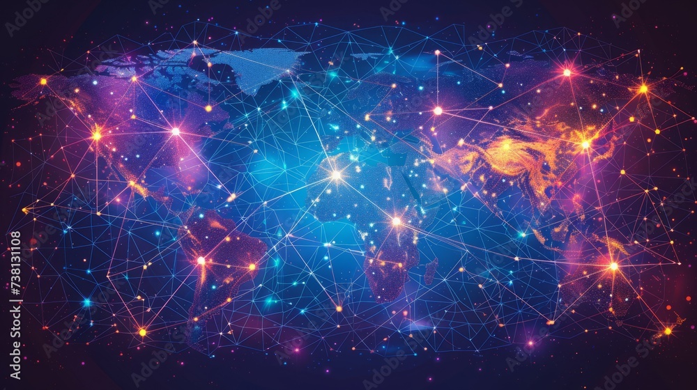 A digital illustration of a world map with glowing network connections.