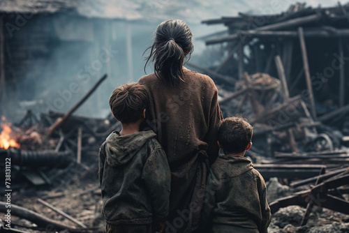 AI generated picture rear view photo of family sitting together looking on burning damaged building