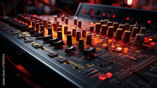 Close-up of an audio mixer controls in a sound recording studio with glowing lights.
