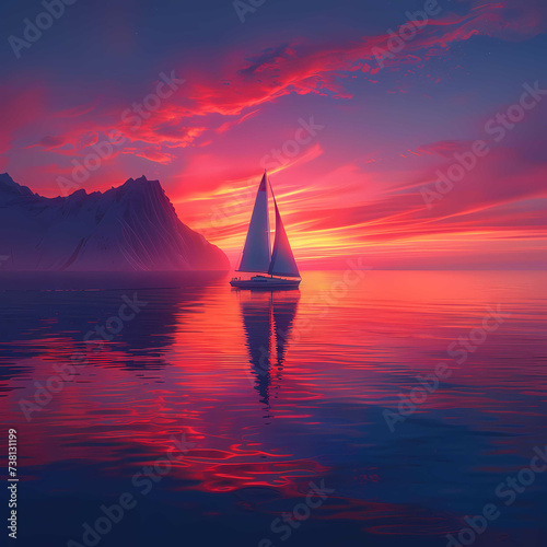 Tranquil Sailboat Journey at Fiery Sunset on Calm Sea