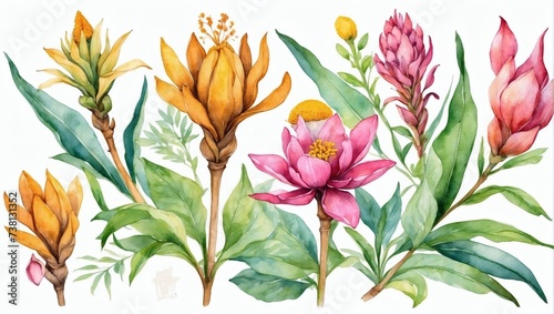 Turmeric floral design. Watercolor vibrant flowers.