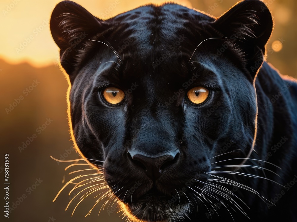 close up portrait of a black panther in the wild at sunset