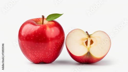 One whole and one half red apple with a green leaf on a white background.