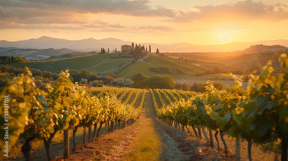 Tuscany landscape with vineyard. Vineyard Tour Tuscany, Travel & leisure magazine photo. - obrazy, fototapety, plakaty 