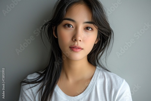 A charming Korean woman with beautiful mid-length straight black hair  exuding a nostalgic 90s aesthetic  donning a simple white t-shirt against a plain background