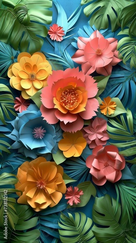 Vibrant paper flowers and leaves create a colorful background