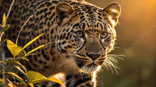 close up portrait of a leopard in the wild at sunset