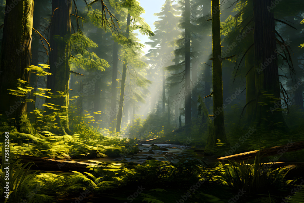 Breathtaking Forest Scenery: A Mesmerising Dance of Sunlight and Shade Across Lush Green Ferns  and Towering Trees