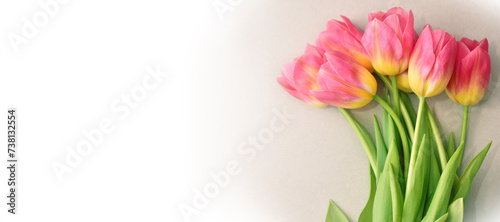 Tulips on the table. Bouquet of delicate spring tulips on a light background. Light airy gentle artistic image. Template for design with free space.
