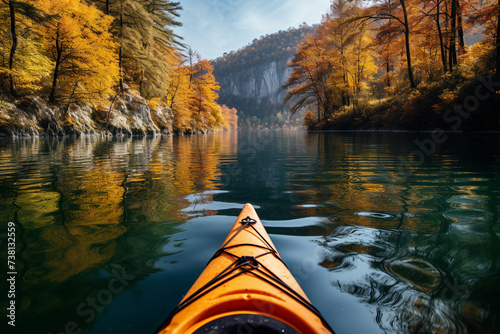 Sunrise on lake from canoe during autumn morning made with generative Ai