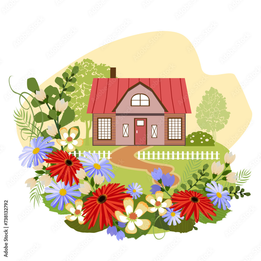 Rural house with trees and frame of flowers. Vector illustration.