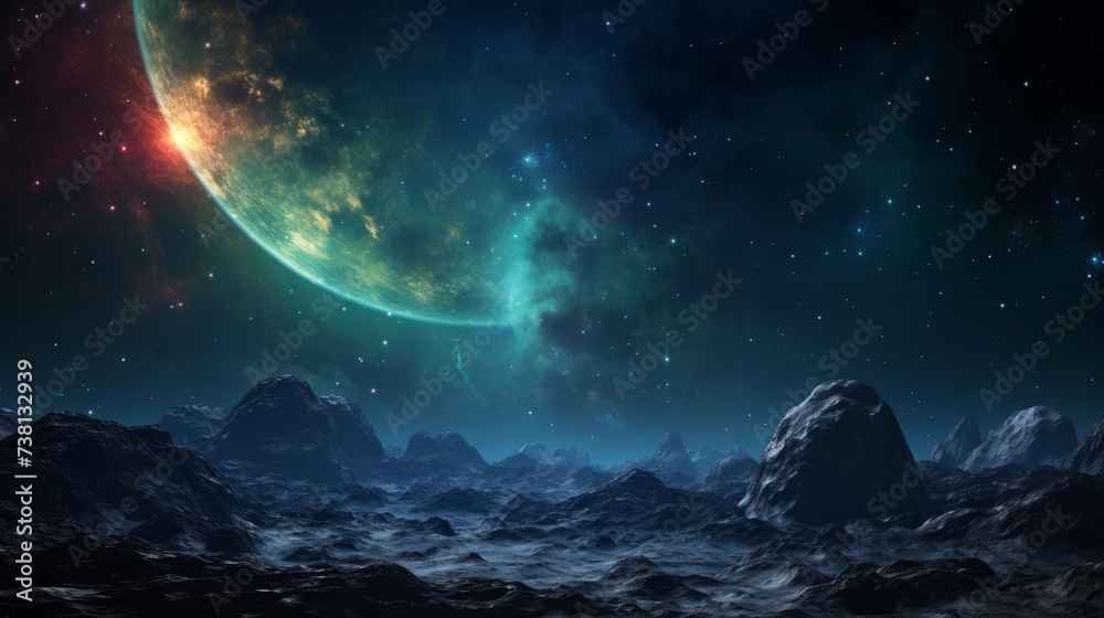 Rocky moon with green atmosphere under starry sky Rocky moon with green atmosphere under starry sky
